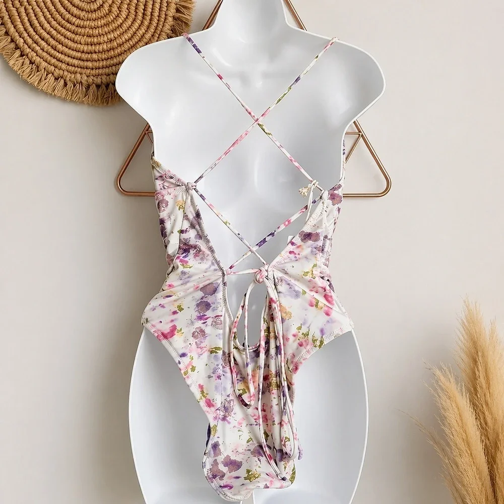 J. Crew New Flora Obscura Plunge Strappy One Piece Swimsuit Kaleidoscope SZ 14